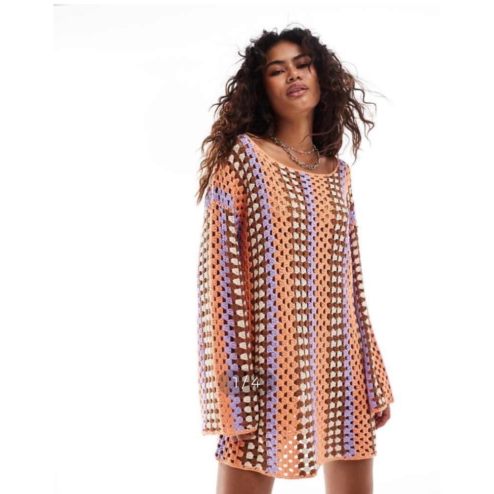 Vrg Grl | Taylor Swift Crochet Stripe Mini Dress in Coral, Lavender & Brown